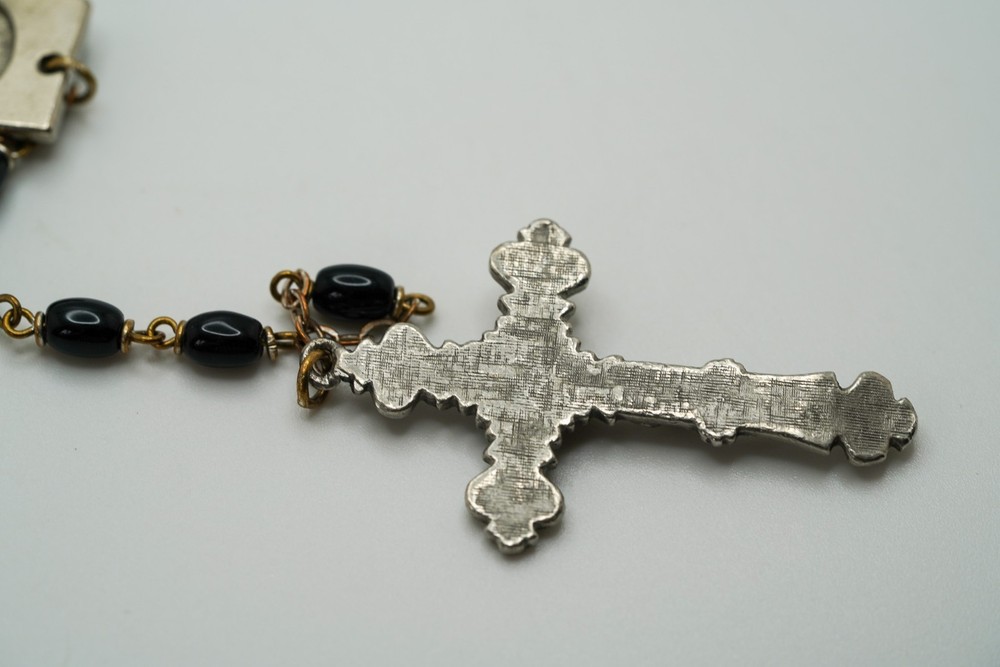 Vintage 30" Missing Relic Black Bead Silver Rosary 30" JB39