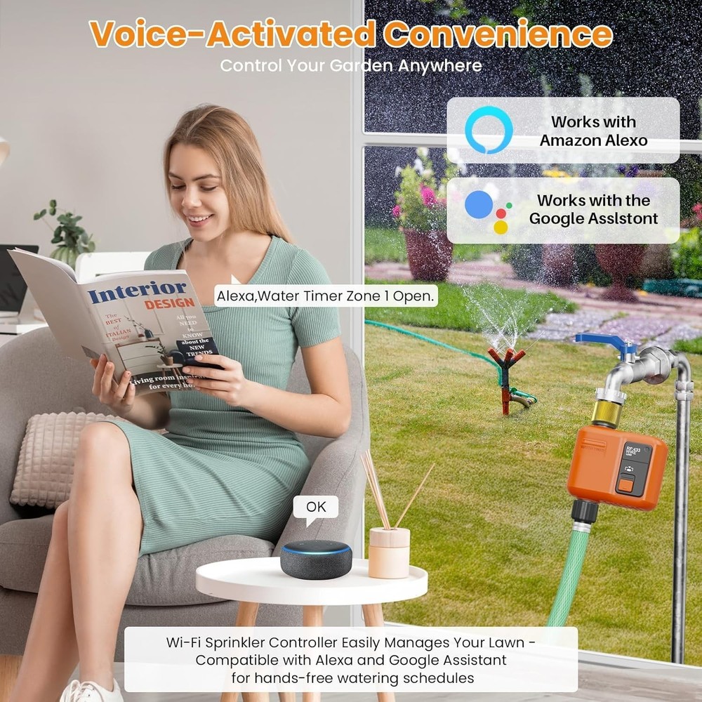 WiFi Garden Water Timer 984ft Range App Voice Control Rain Delay