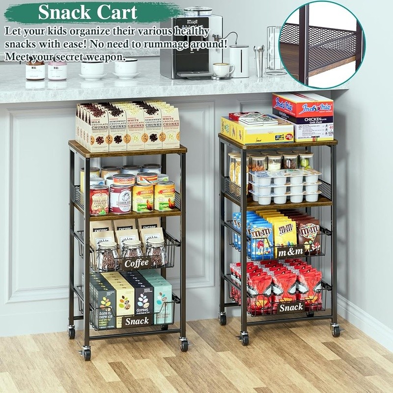 Rolling Kitchen Cart W/ Pull-Out Baskets Snack Organizer Fruit Storage