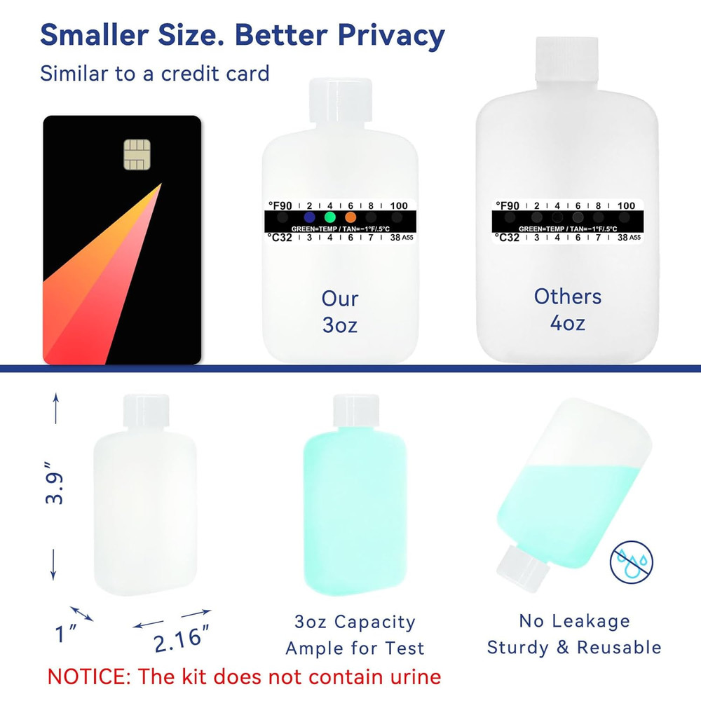 Urine Test Complete Kit - Smaller 3Oz Translucent Empty Bottle, Non-Falling and