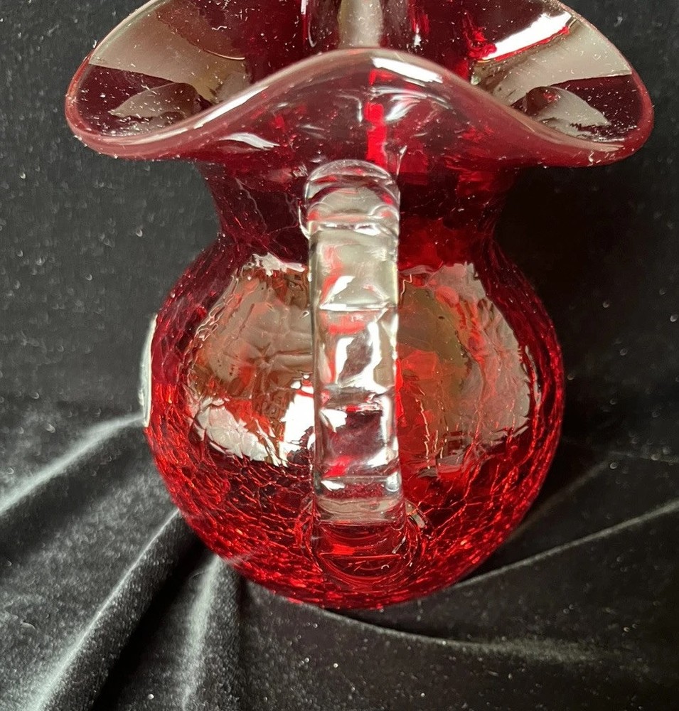 Hand Blown Rainbow Glass Ruby Red Crackle GlassPitcher w/Applied Clear Handle