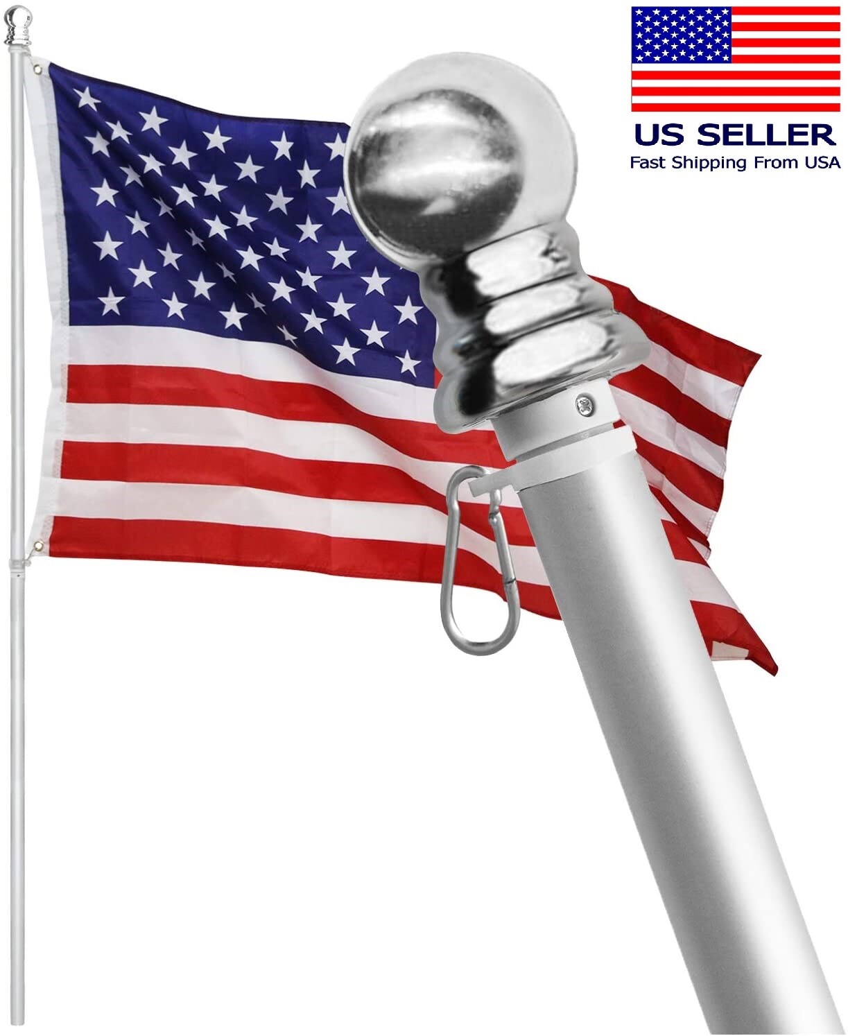 Tangle Free Spinning Flag Pole Aluminum 6FT Two Piece Design Durable Rust Free