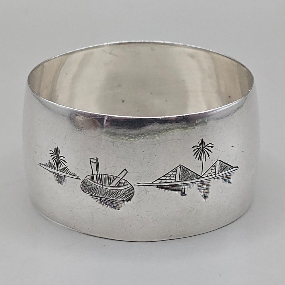 Antique Solid Silver Napkin Ring Engraved Landscape Scene