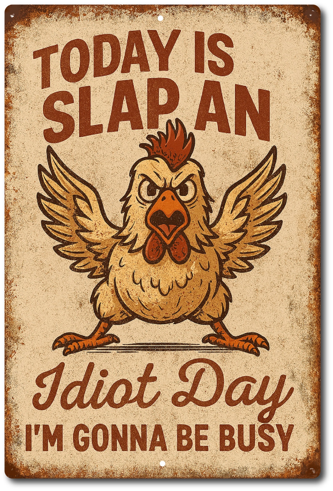 Funny Slap An Idiot Day Chicken 8x12 Aluminum Tin Sign Rustic Humor Wall Decor