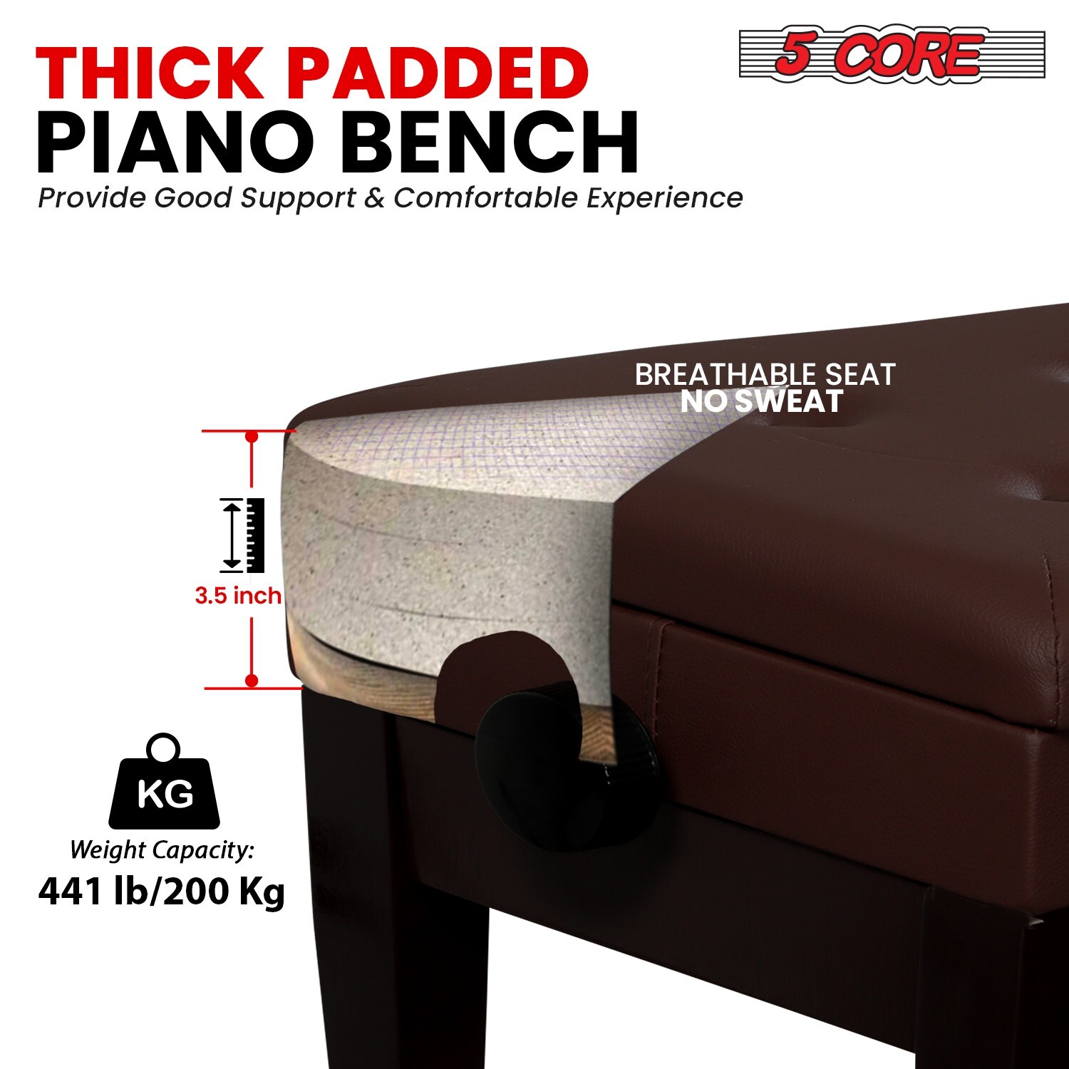 5 Core Duet Piano Bench 3.5 Inch Padded Cushioned Double Seater Wooden Stool