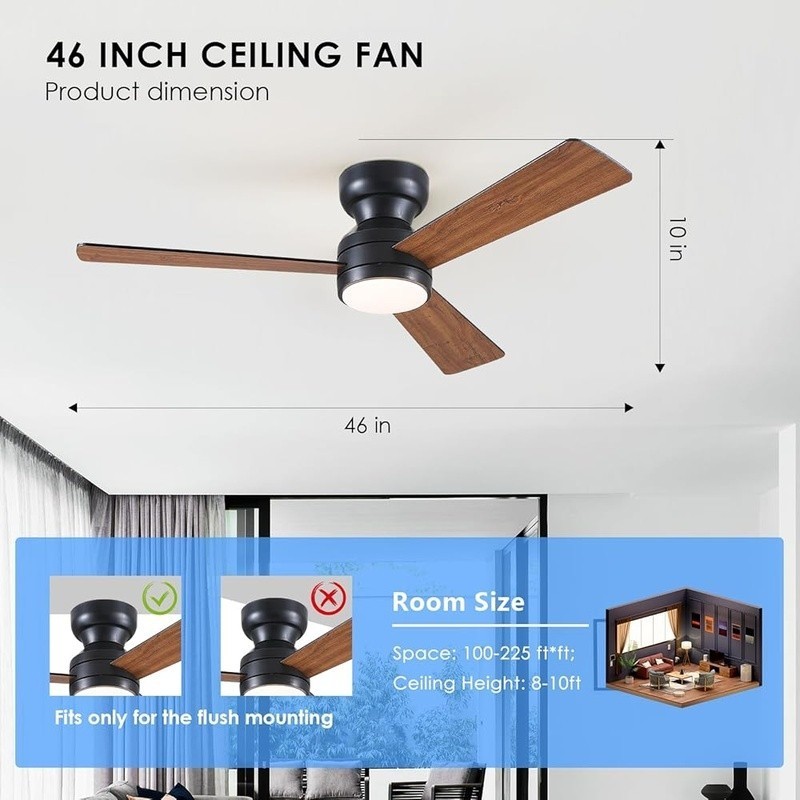 Reversible Ceiling Fan W/ Lights Remote Control Dimmable Flush Mount 3 Blade 40W