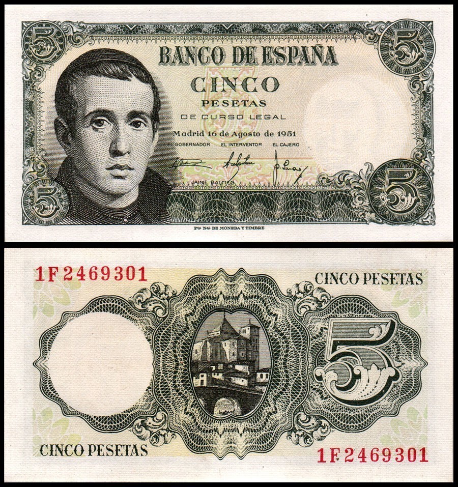 Spain 5 Pesetas, 1951, P-140, UNC