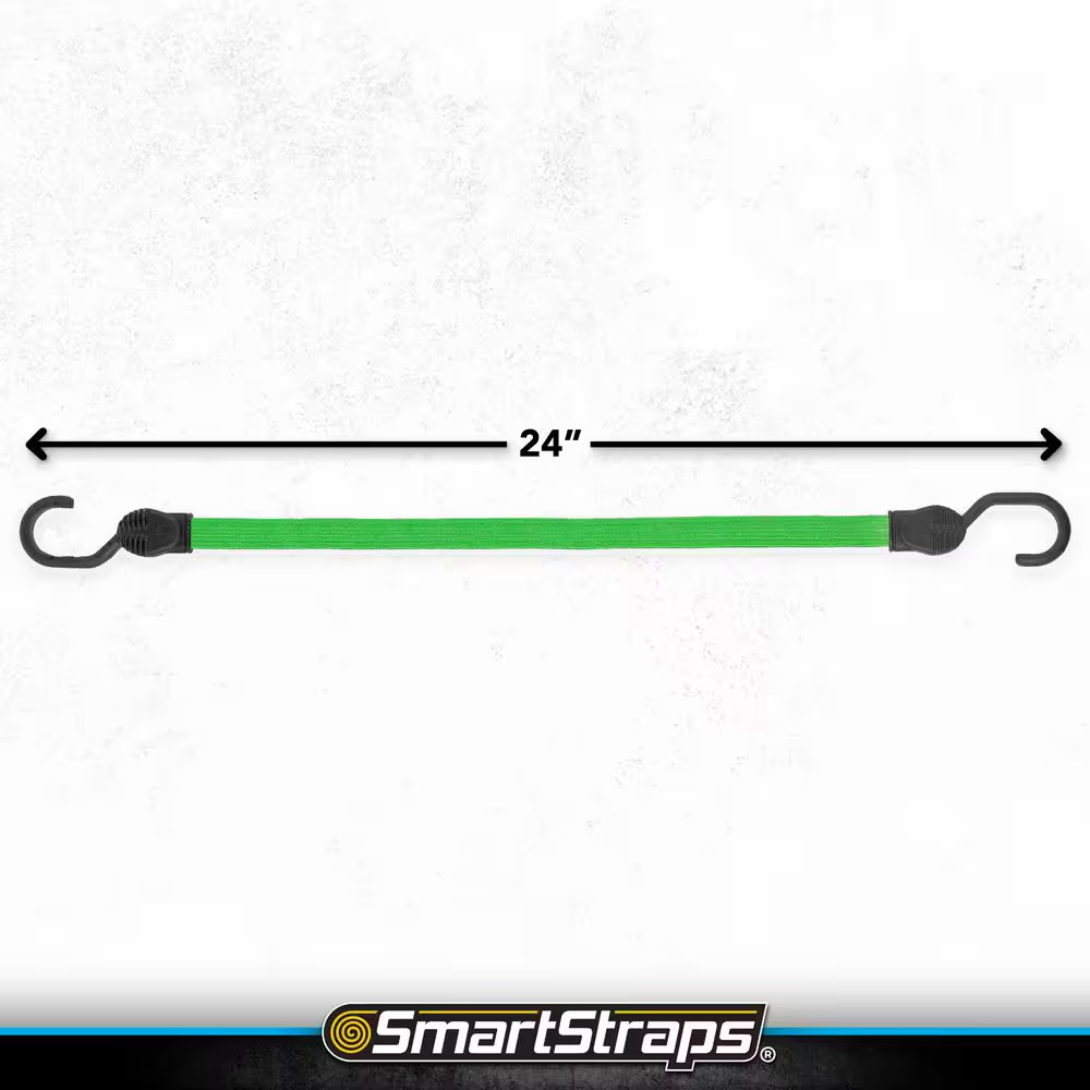 24 In. Green Flat Strap Bungee Cord with Hooks - 2 Pack