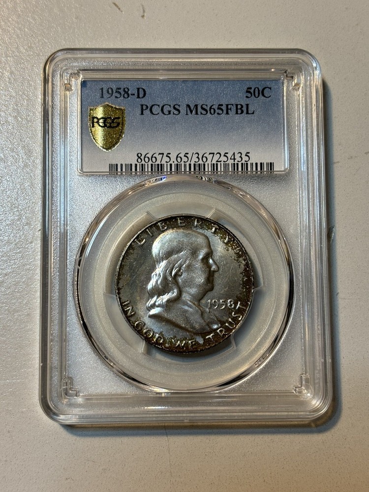 1958 D Franklin Half Dollar PCGS Goldshield MS65FBL Mint Set Rainbow Toned