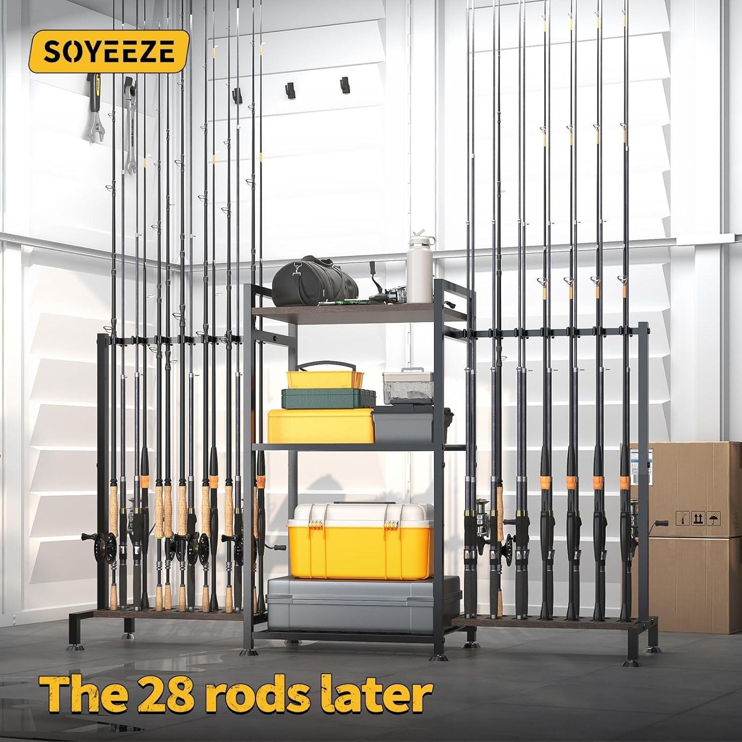 Fishing Rod Holder Stand for 28 Rods 3 Sided Vertical Rack Garage Storage Tackle