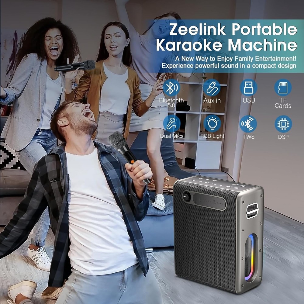 Karaoke Machine with Two Wireless Microphones, Powerful Portable Bluetooth