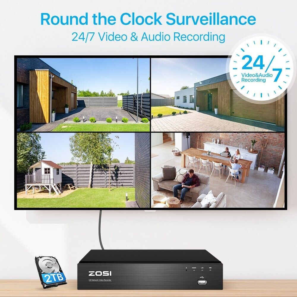 ZOSI 4K 8 Channel CCTV POE NVR Network 24/7 Video Recorder with 2TB Hard Drive