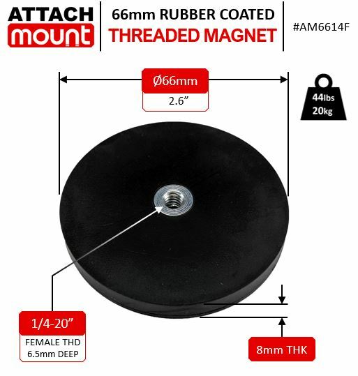 66mm Threaded Magnet Female Threaded 1/4"-20 Rubber Coated
