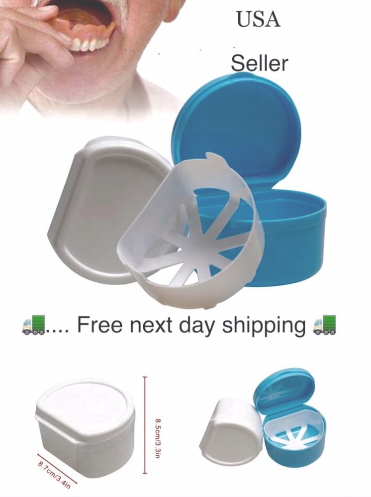 2 Pack Colors Denture Bath Case Cup Box Holder Storage Soak Container  &Strainer