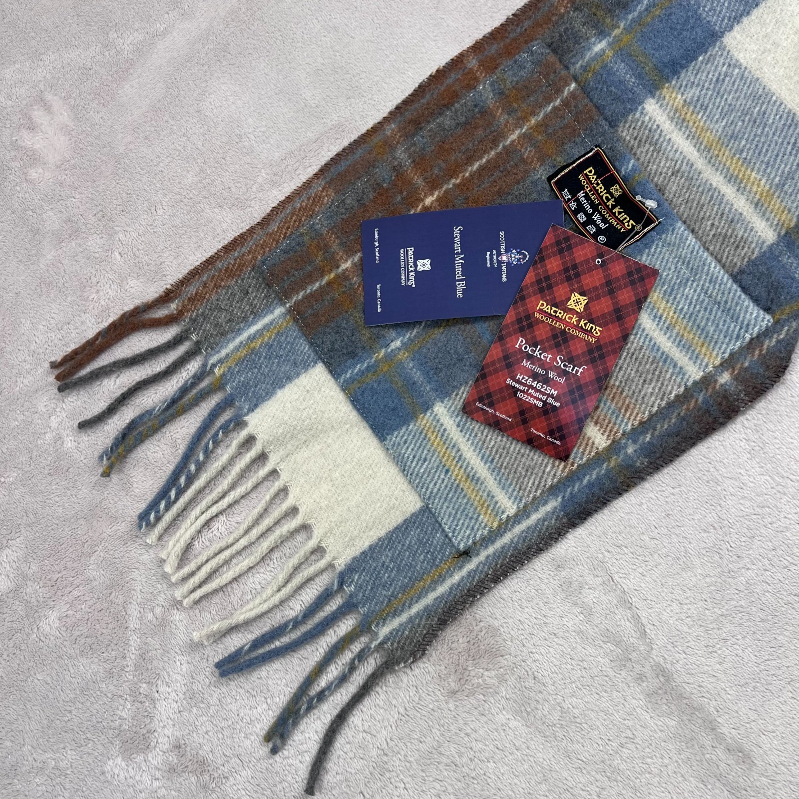 Patrick King Pocket Scarf One Size Stewart Muted Blue Tartan Merino Wool NEW