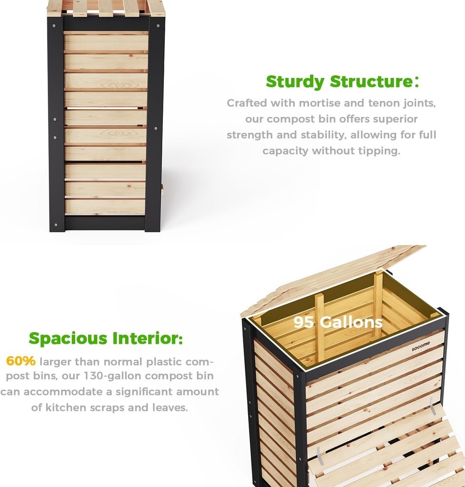 95 Gallon Solid Wood Composter Outdoor Compost Bin W/ Pull-Out Door Large