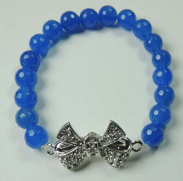 Blue Agate Stretch Bracelet with Rhinestone Bow Handcrafted