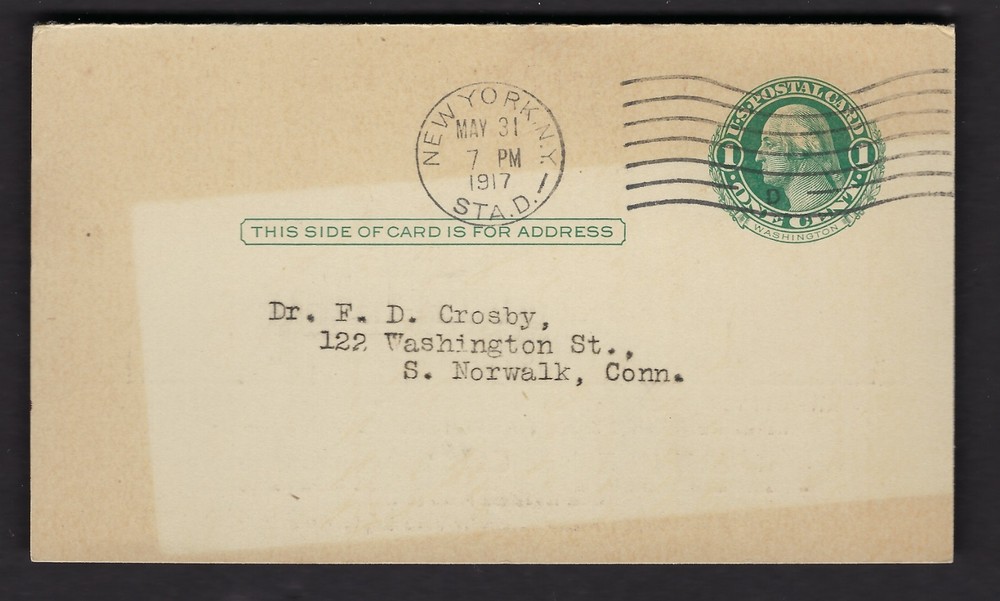 1916 U.S. POSTCARD WITH 1915 WASHINGTON 1C POSTAGE USED SCOTT UY7M