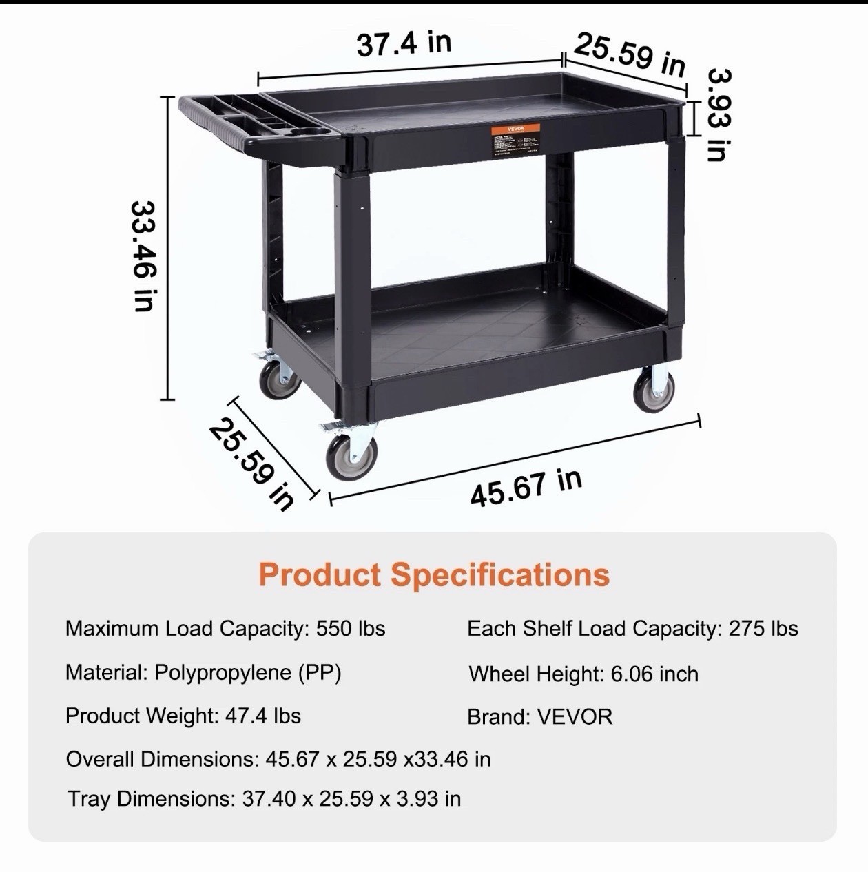 Utility Service Cart VEVOR 2 Shelf 550LBS 2 Swivel Wheels & 2 Fixed Wheels