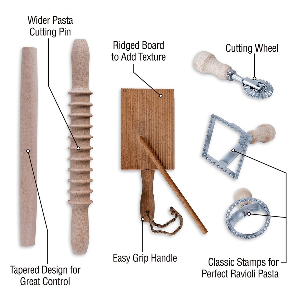 Complete 6 Pcs Pasta Making Tool Set Includes Two Ravioli Stamp Maker Cutter