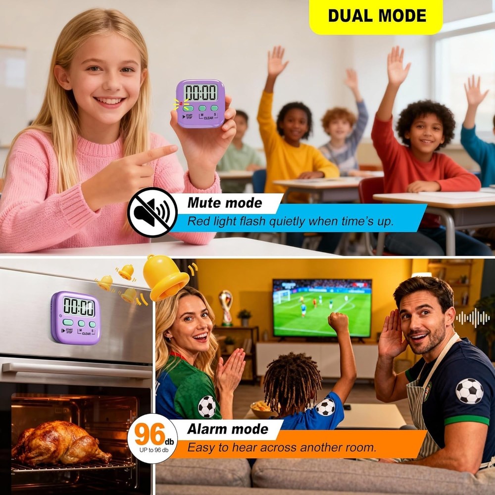 2 Pack Digital Countdown Timers - Loud & Silent Modes for Kitchen & Classroom
