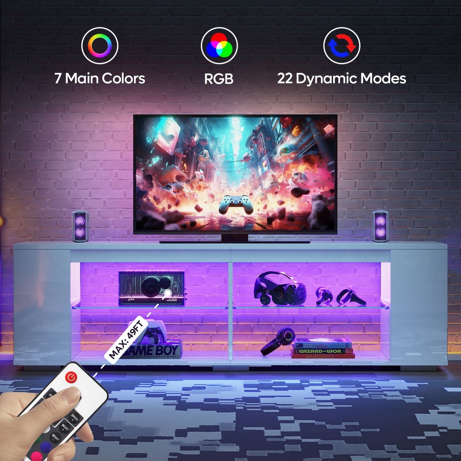 LED TV Stand for TVs up to 80", Gaming Entertainment Center with Lights - White