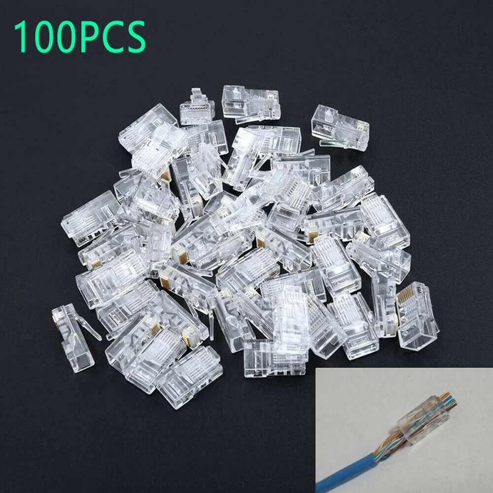 100Pack Cat5e RJ45 8P8C Gold Plated Modular Plug Wire Pass Data Networks Through