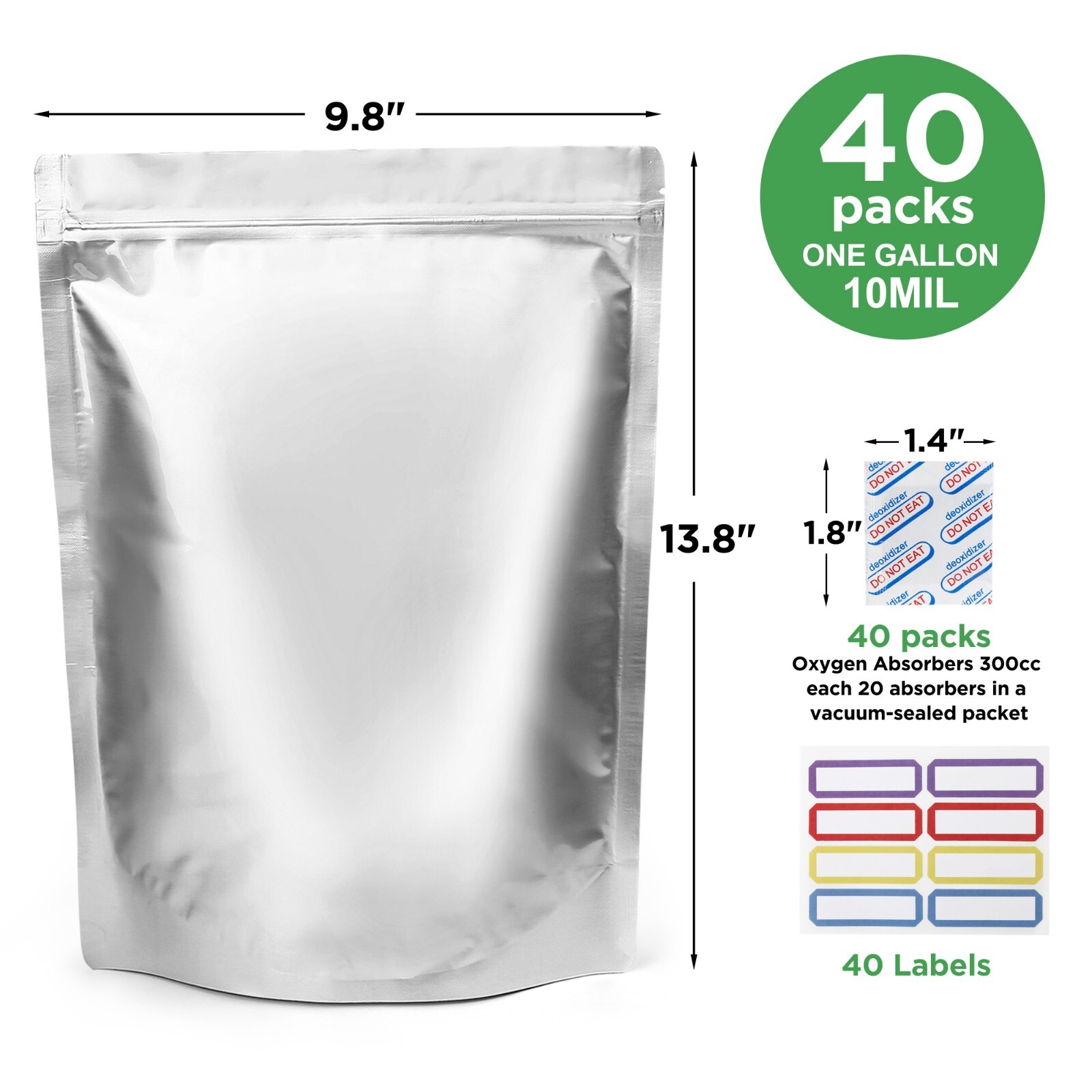 40PCS Mylar Bag for Food Storage With Oxygen Absorbers Label Resealable 1 Gallon
