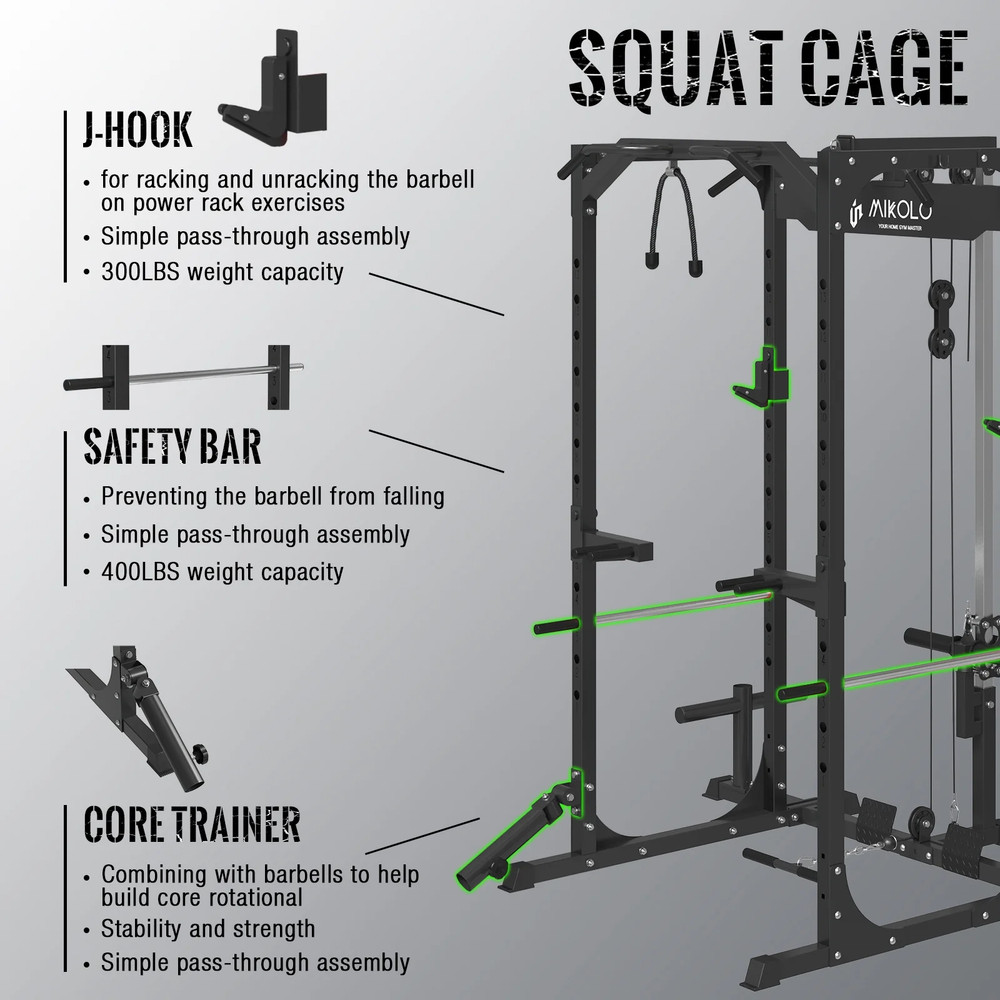 LAT Pulldown System Multi-Functional Squat Rack Exercise Power Cages Metal Black