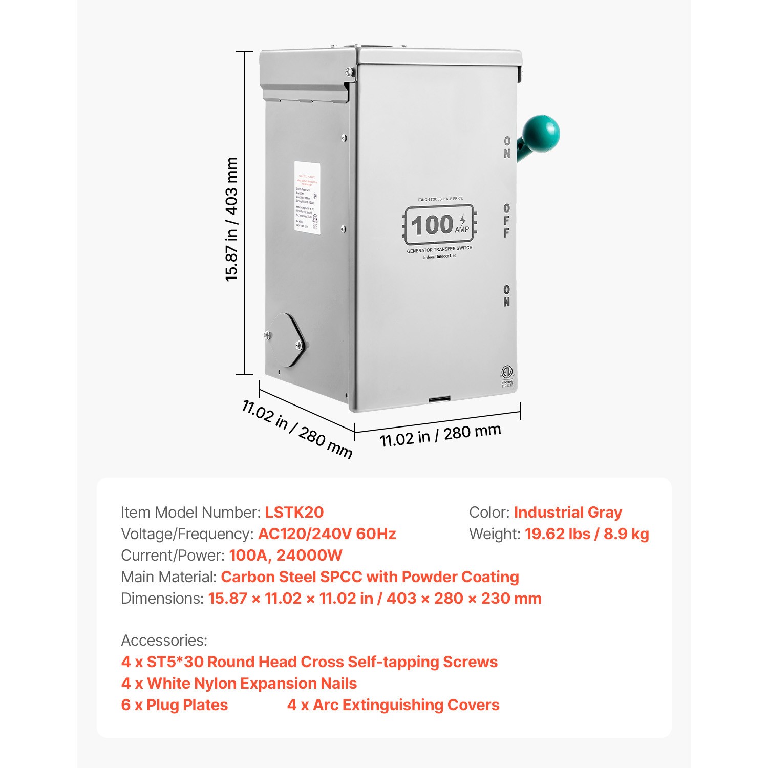 100A Generator Transfer Switch 24000W Manual Transfer Switch 120/240V