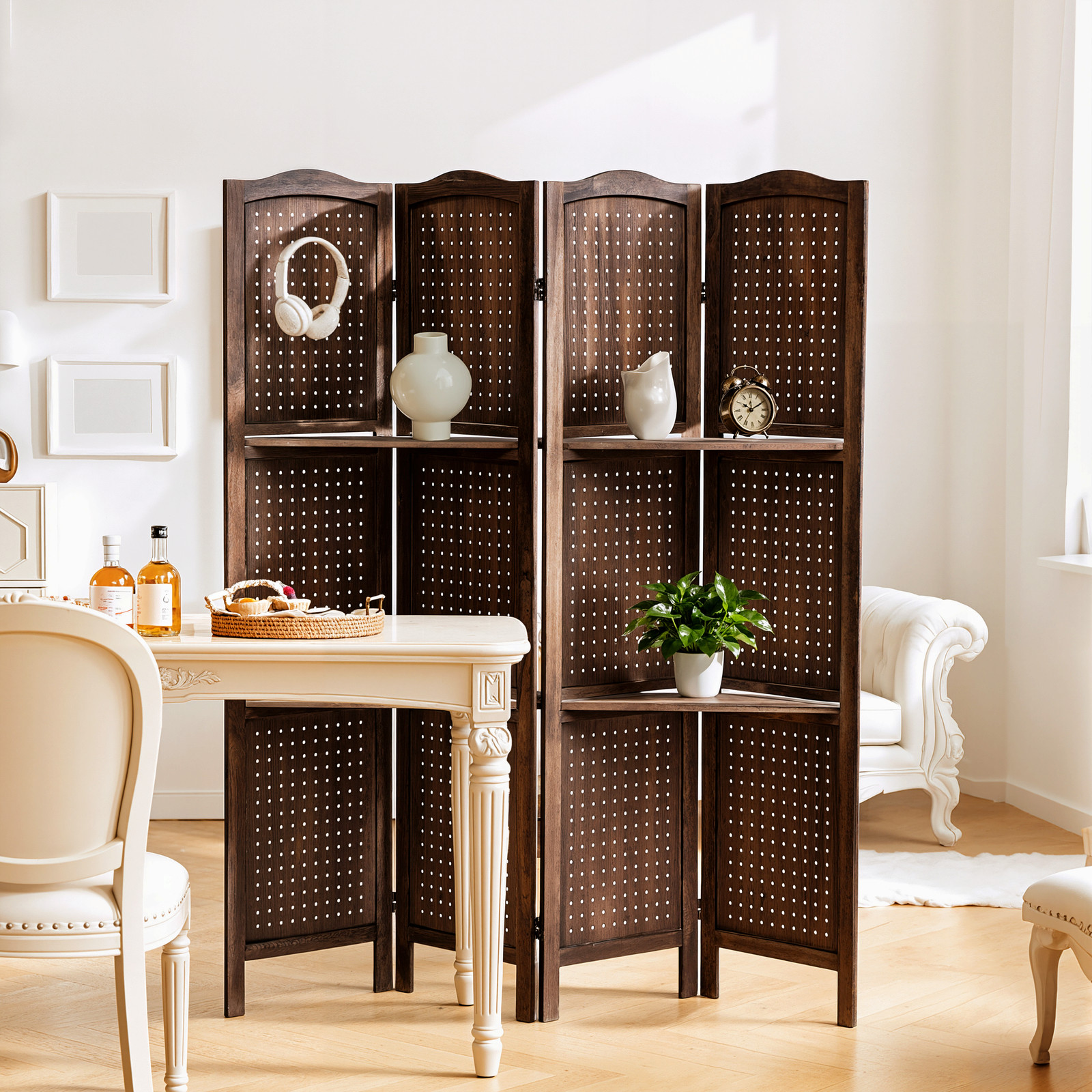 67" H Wood Room Dividers 4 Panel Pegboard Display Folding Privacy Screens Brown