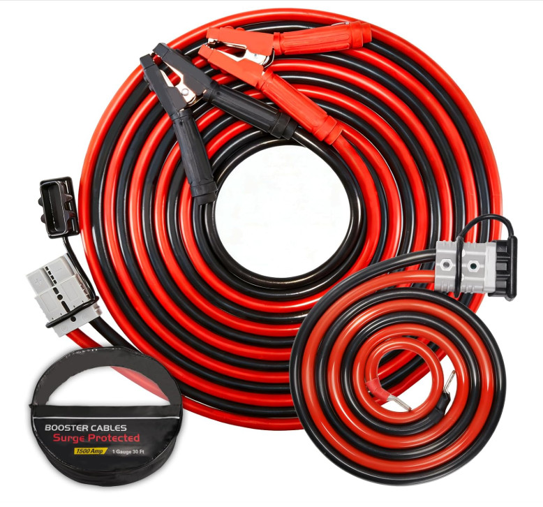 1 Gauge 30 FT Quick Connect Jumper Cables, 1000A Heavy Duty Booster Cables