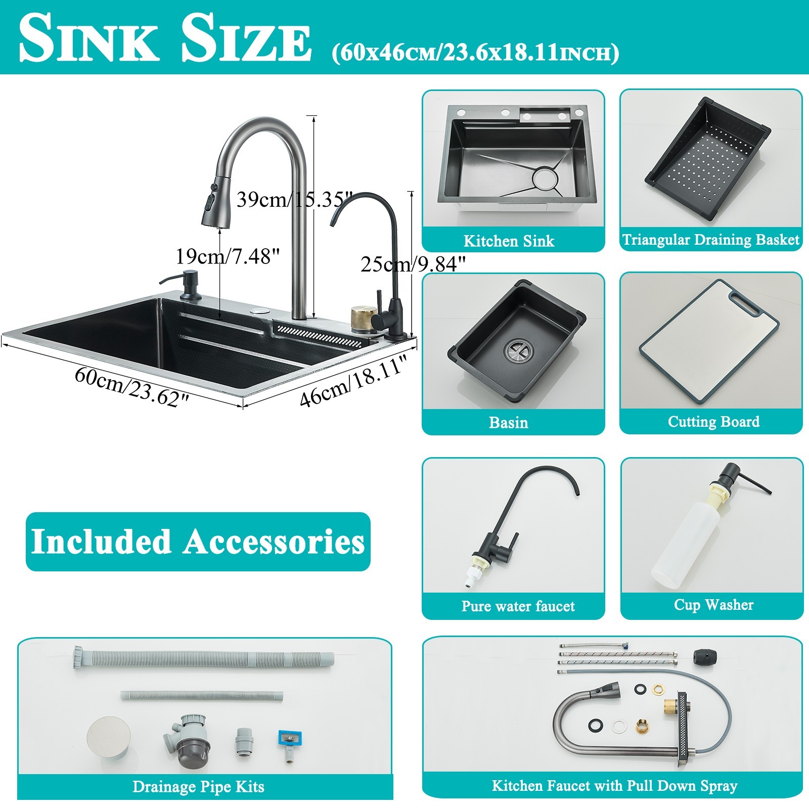 24" Flying Rain Stainless Steel Waterfall Kitchen Sink with Faucet Single Bowl
