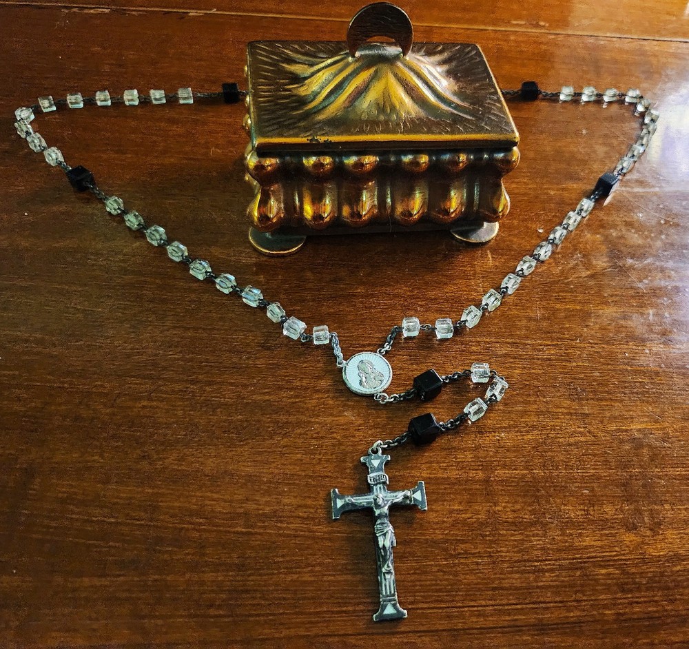 Antique Swift & Fisher Sterling Silver White Enamel Rosary & Vtg Art Nouveau Box