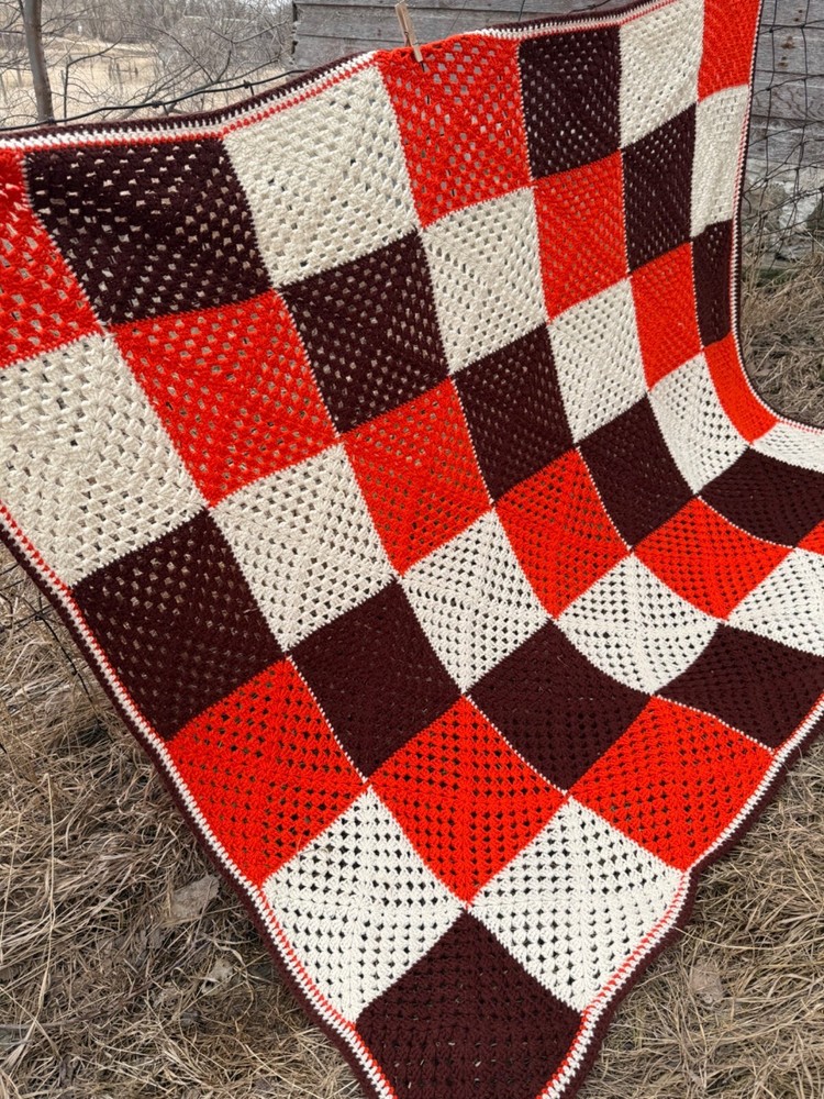 Vintage 1970s Crochet Patchwork Afghan Throw Boho Retro