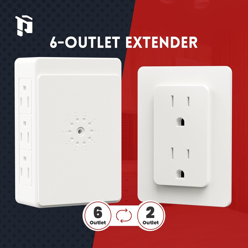 2 Pack Side Outlet Plug Adapter, 6-Outlet Extender, 3-Prong, Multiple Plug, Wall
