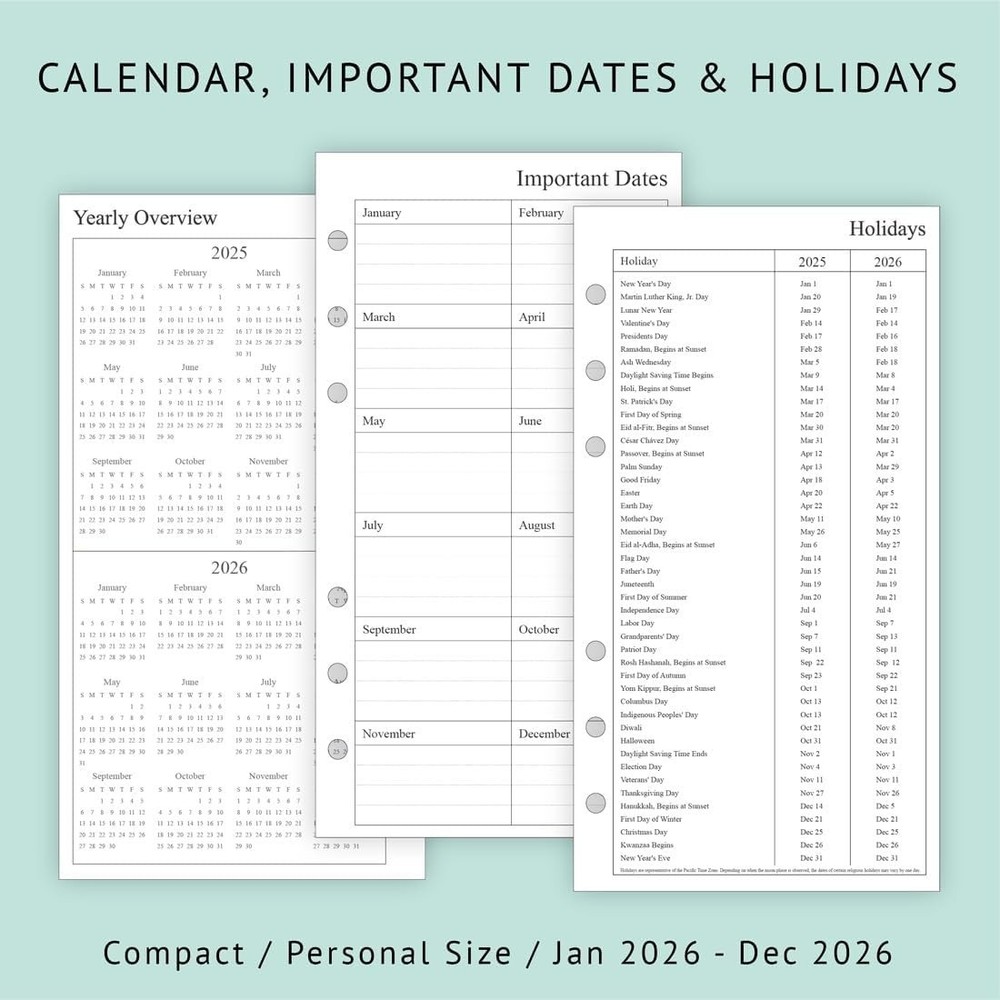 2026 Compact Weekly & Monthly Planner Refill - Size 3 Organizing Bliss