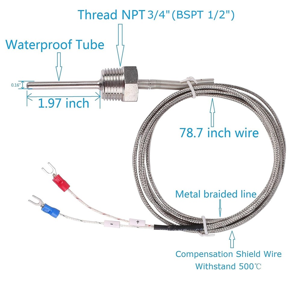 Waterproof K Type Thermocouple - Grounded Temperature Sensor Probe for PID Temp