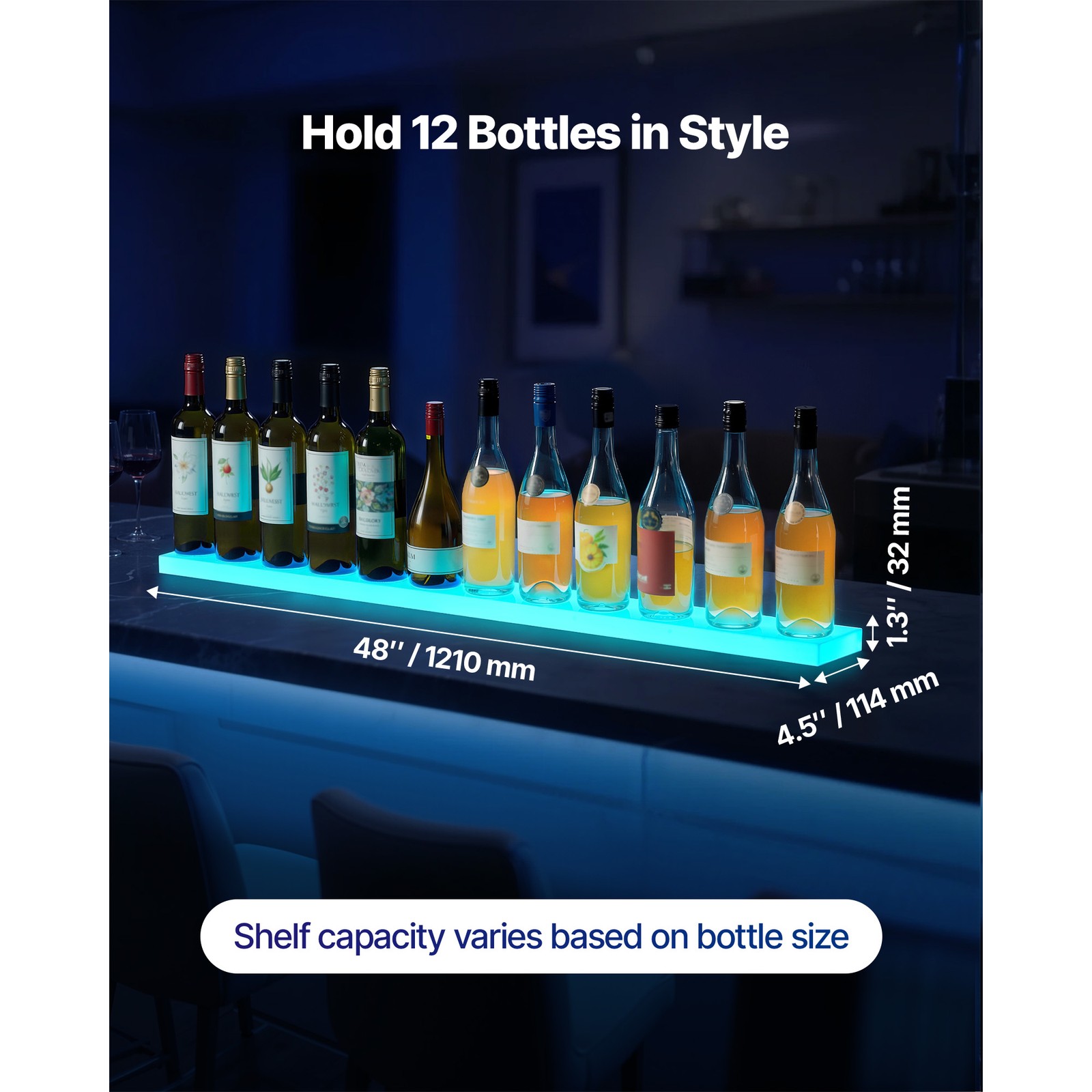 Uimoso LED Liquor Bottle Display Bar Shelf 1-Tier 48 Holds 12 Bottles