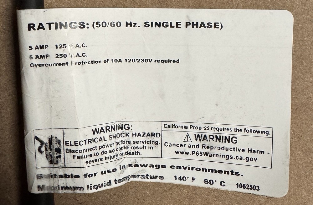 CSI Controls Mechanical Control Float Switch 1062503 Narrow Angle 15ft Cable