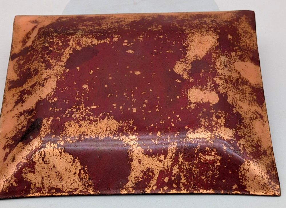 Enamel Over Copper Rectangle Dish Pink With Leaves