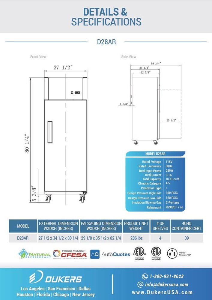 DUKERS D28AR, Top Mount 1-Door REFRIGERATOR