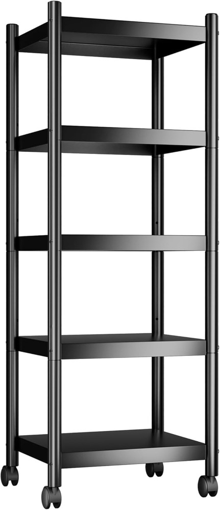 Compact 5-Tier Black Storage Shelves - Rust-Proof Utility Solution with Wheels