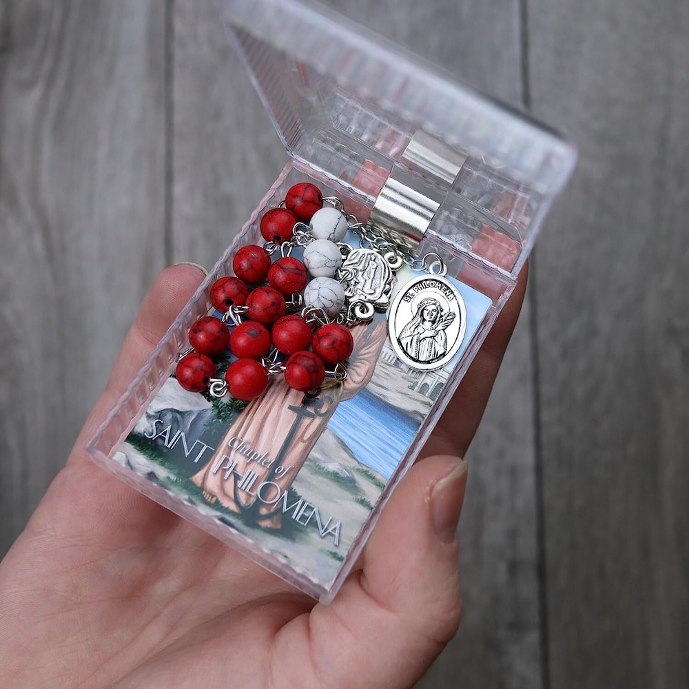 Silver Tone and Red Bead St Philomena Intention Chaplet Prayer Card Set 9 In