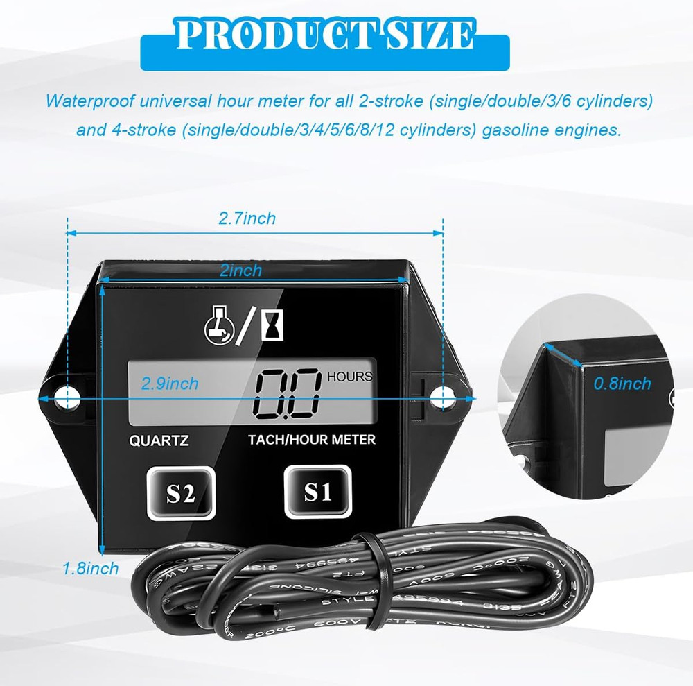 Small Engine Tachometer, Waterproof Inductive Hour Meter for 2 Stroke 4 Strok...