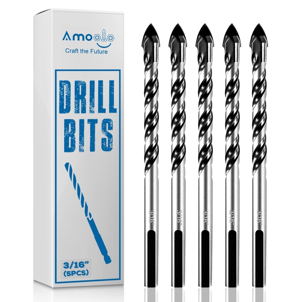 amoolo 3/16" Concrete Drill Bit & Masonry Drill Bit Set(5PCS), Carbide Tip Dr...