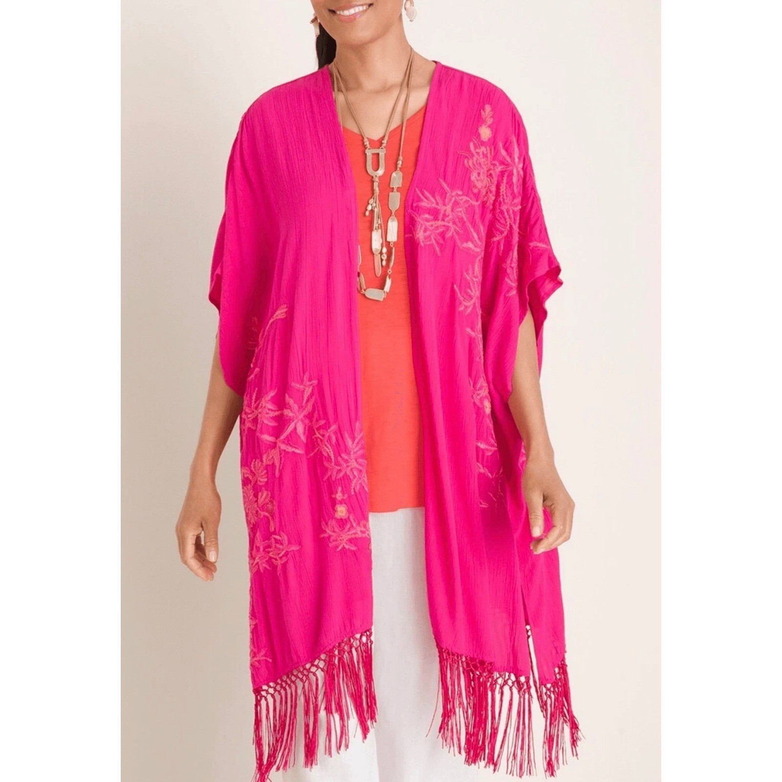 Chicos Floral Embroidered Ruana wrap in summer Berry Pink Kimono Fringe One Size