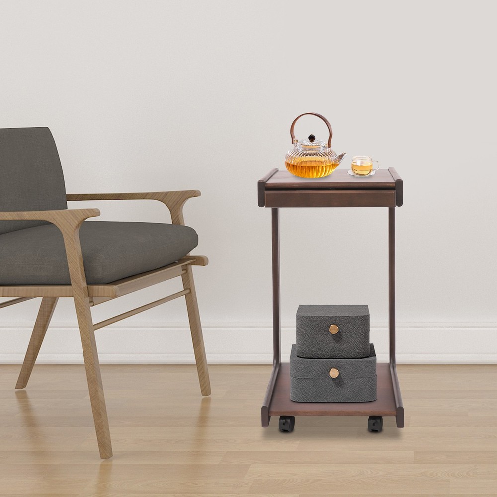 2-Tierd Solid Wood Bedside C-Shaped Side Table w/ Drawer & Lockable Wheels