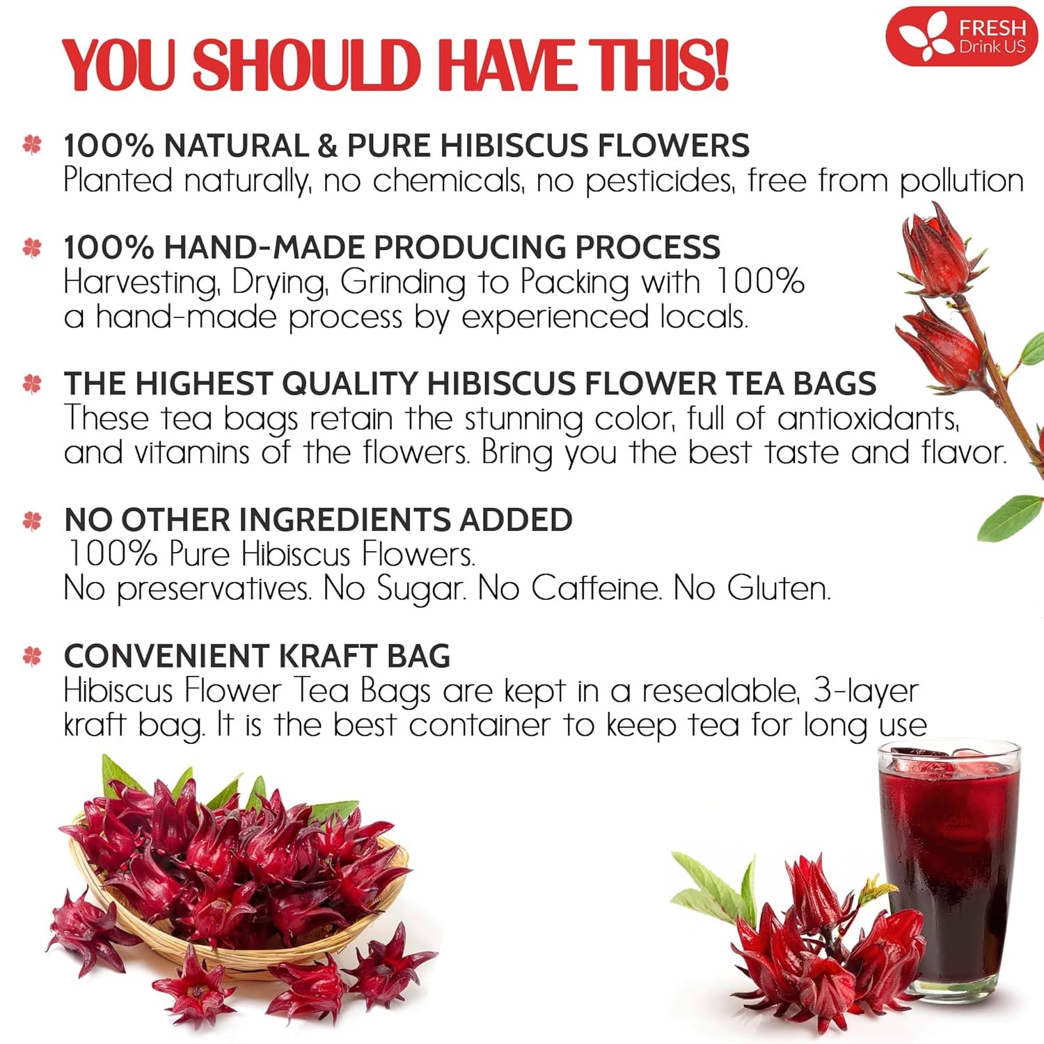 , Premium 140 Hibiscus Flowers Tea Bags, 100% Natural, Handmade & Pure from Hibi