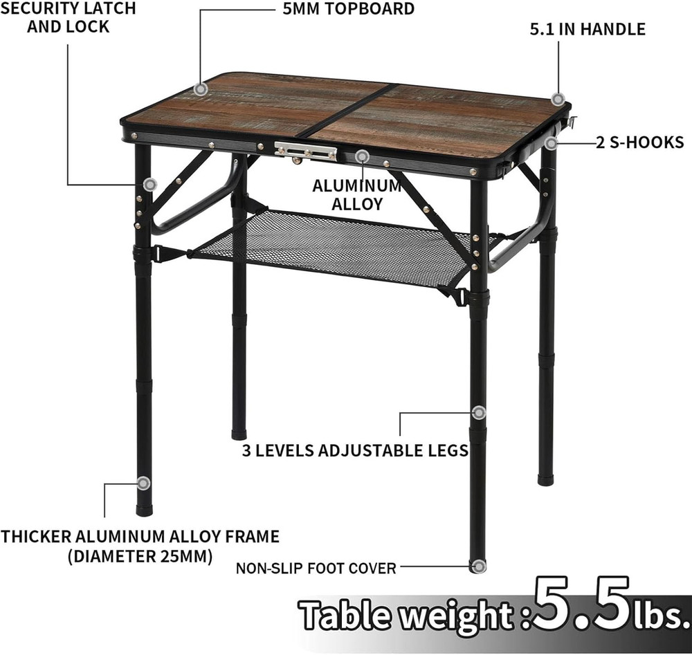 Folding Picnic Table 2Ft Portable Camping Table Adjustable Heights Metal Aluminu
